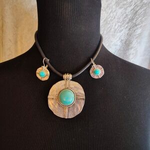 Vintage Boho Turquoise Pendant Necklace  Choker Earrings Set Tribal Southwestern